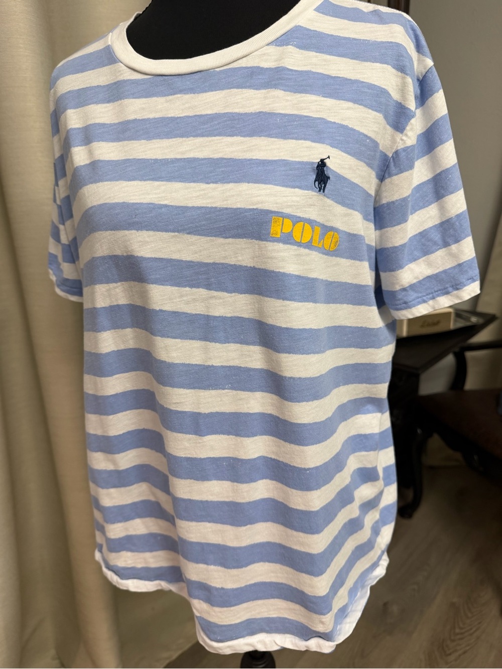 Polo by Ralph Lauren Light Blue & White Striped Crew Tee with Yellow Logo